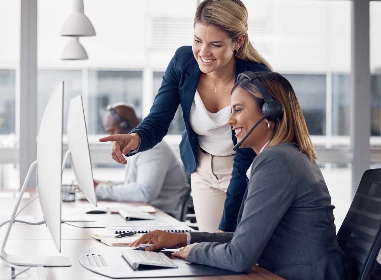 Call center woman, computer and coaching for learning, reading and customer support with happiness