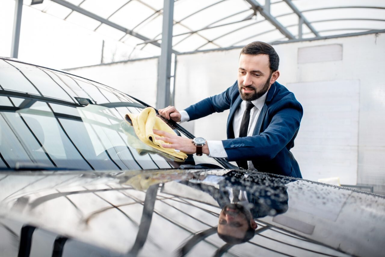Businessman wiping windshield after a car wash