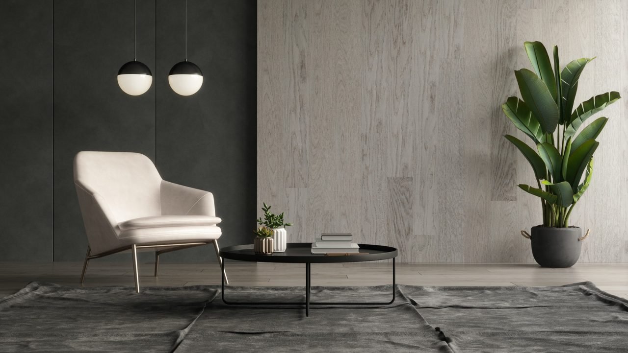 Interior of modern living room with sofa 3 D rendering