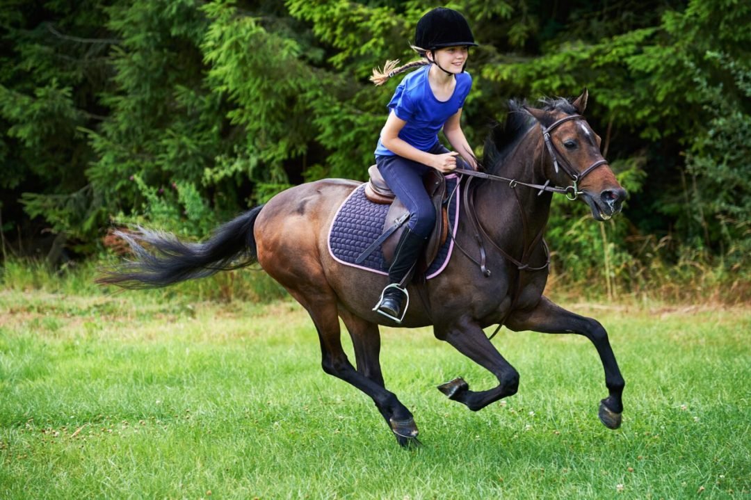Side view of girl wearing riding hat galloping on horseback