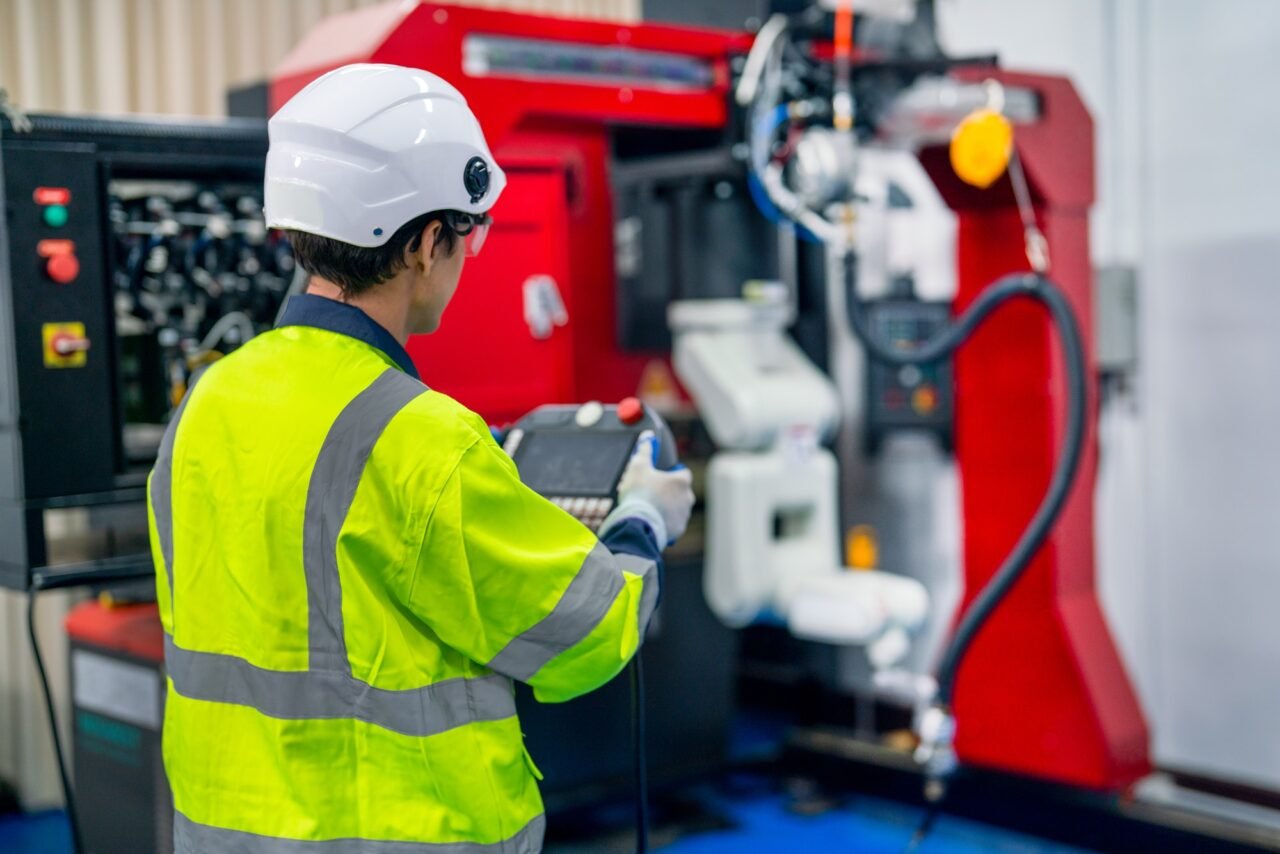 Back of professional technician or engineer use controller to work with factory robotic arm