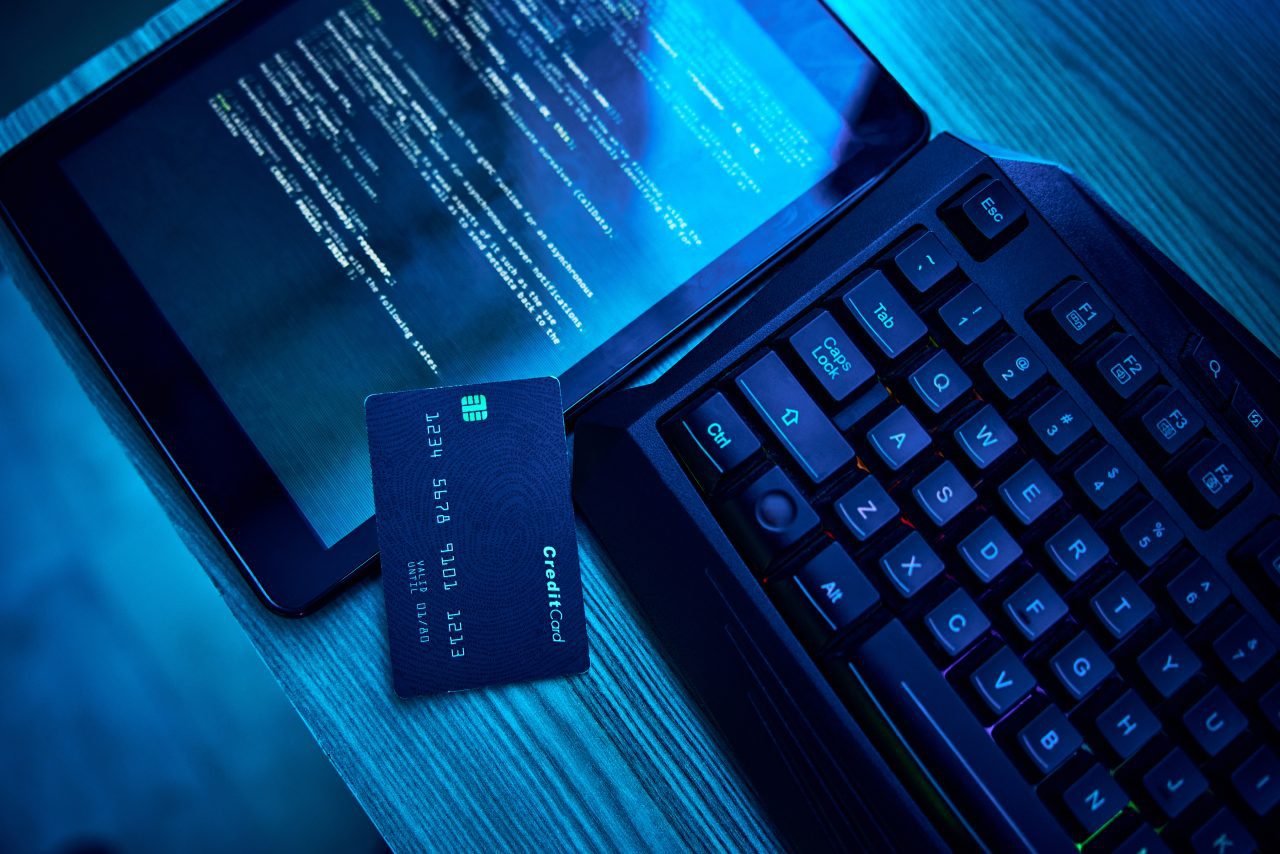 Information technology, hacking and credit card for cyber security crime, phishing and software on